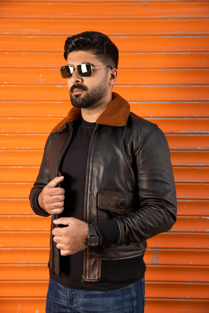 G-1 Navy Distress Black Bomber Leather Jacket