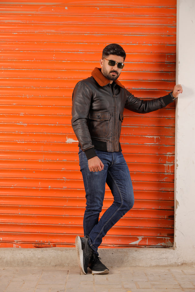 G-1 Navy Distress Black Bomber Leather Jacket
