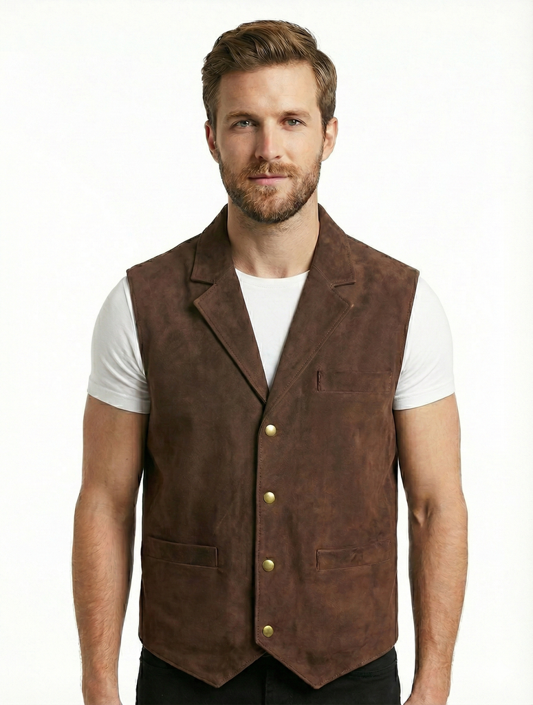 Men Chris French Lapel Real Suede Leather Vest Style - 629