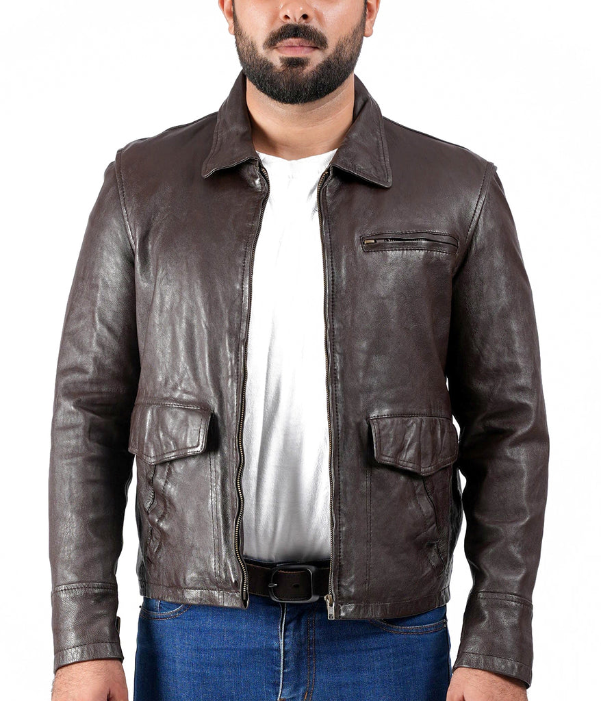 Men Collegan Waxed Brown Real Leather Jacket Style - 905