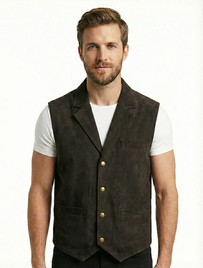 Men Chris French Lapel Real Suede Leather Vest Style - 629