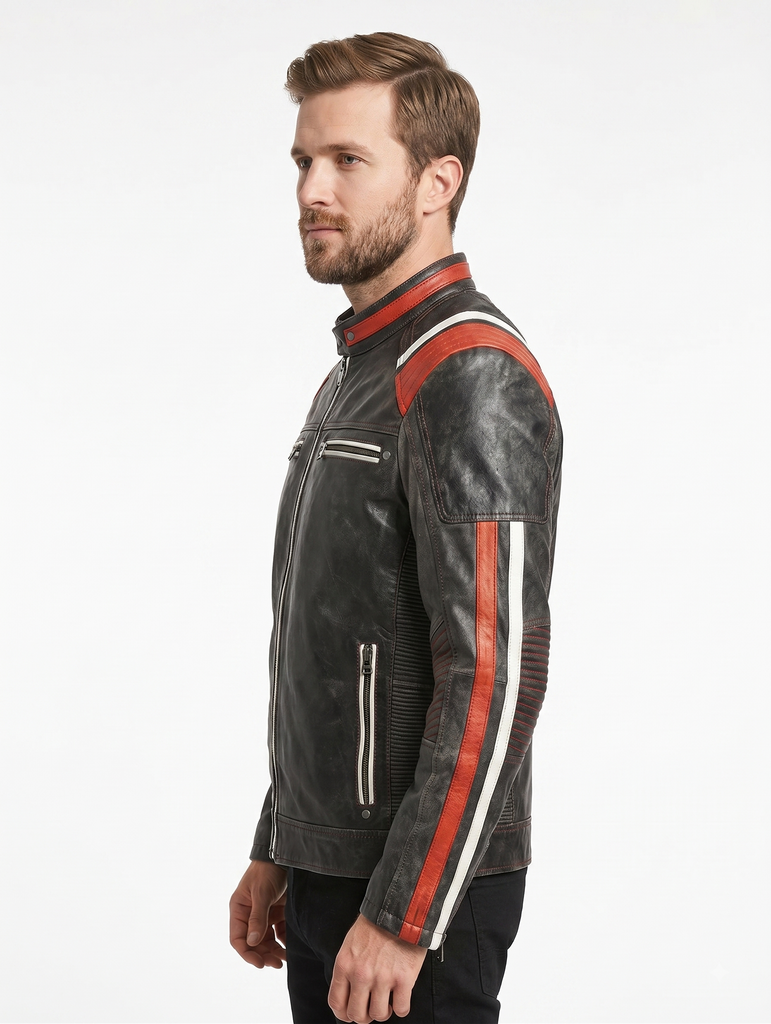 Men AFN Biker Vintage Cafe Racer Distressed Black Leather Jacket Style - 434