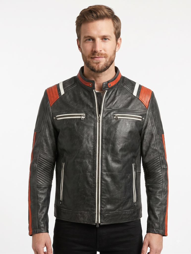Men AFN Biker Vintage Cafe Racer Distressed Black Leather Jacket Style - 434