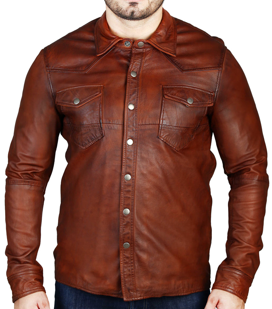Men Chalk Rustic Brown lamb Skin Soft Leather Shirt Style - 643