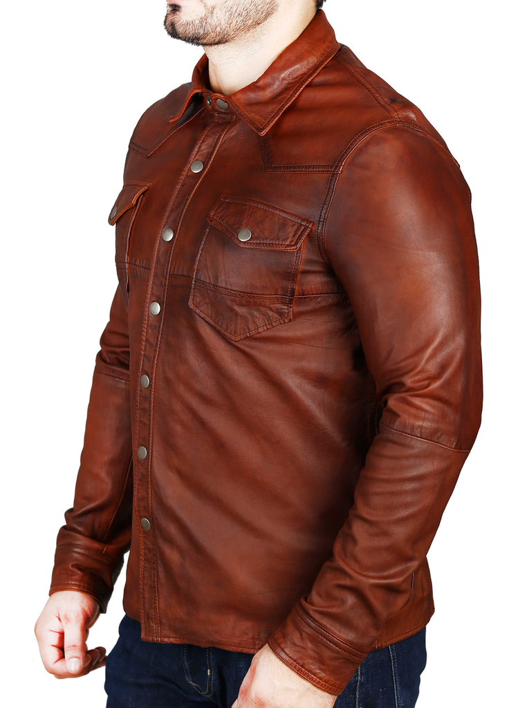 Men Chalk Rustic Brown lamb Skin Soft Leather Shirt Style - 643