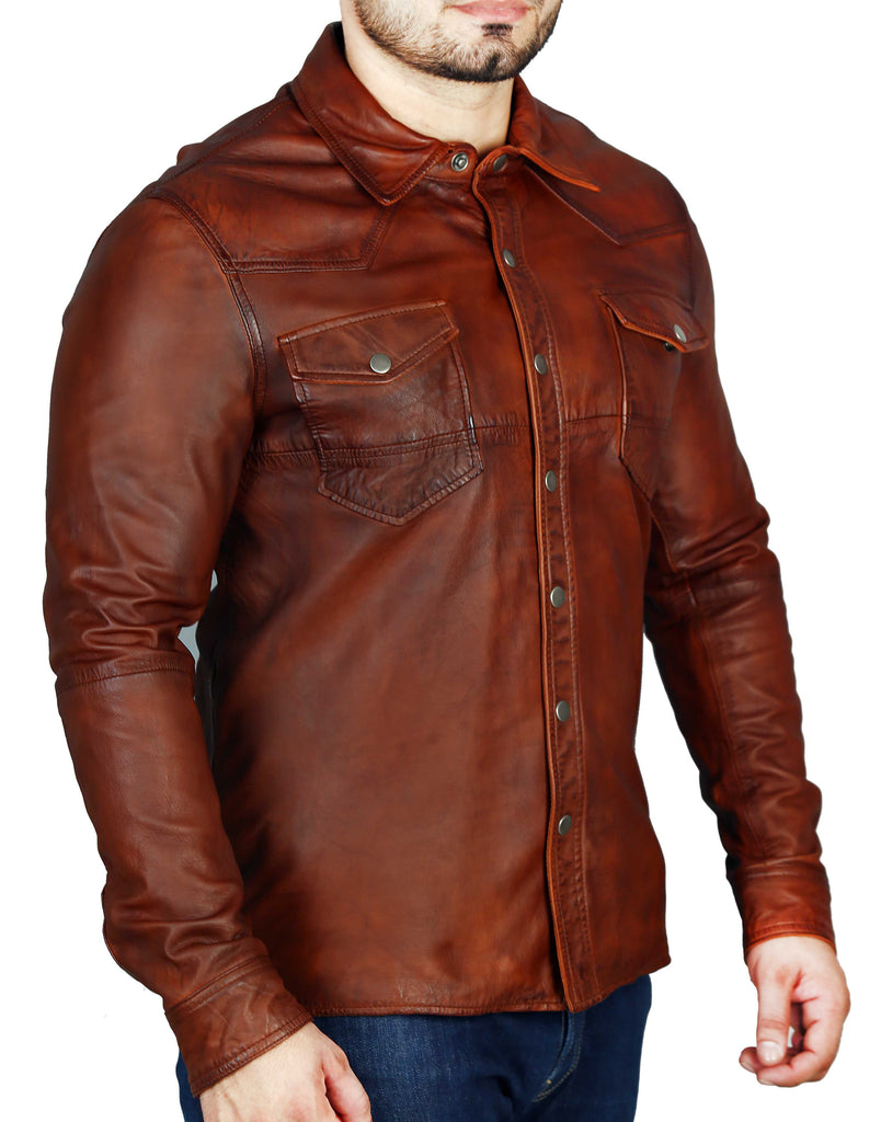 Men Chalk Rustic Brown lamb Skin Soft Leather Shirt Style - 643