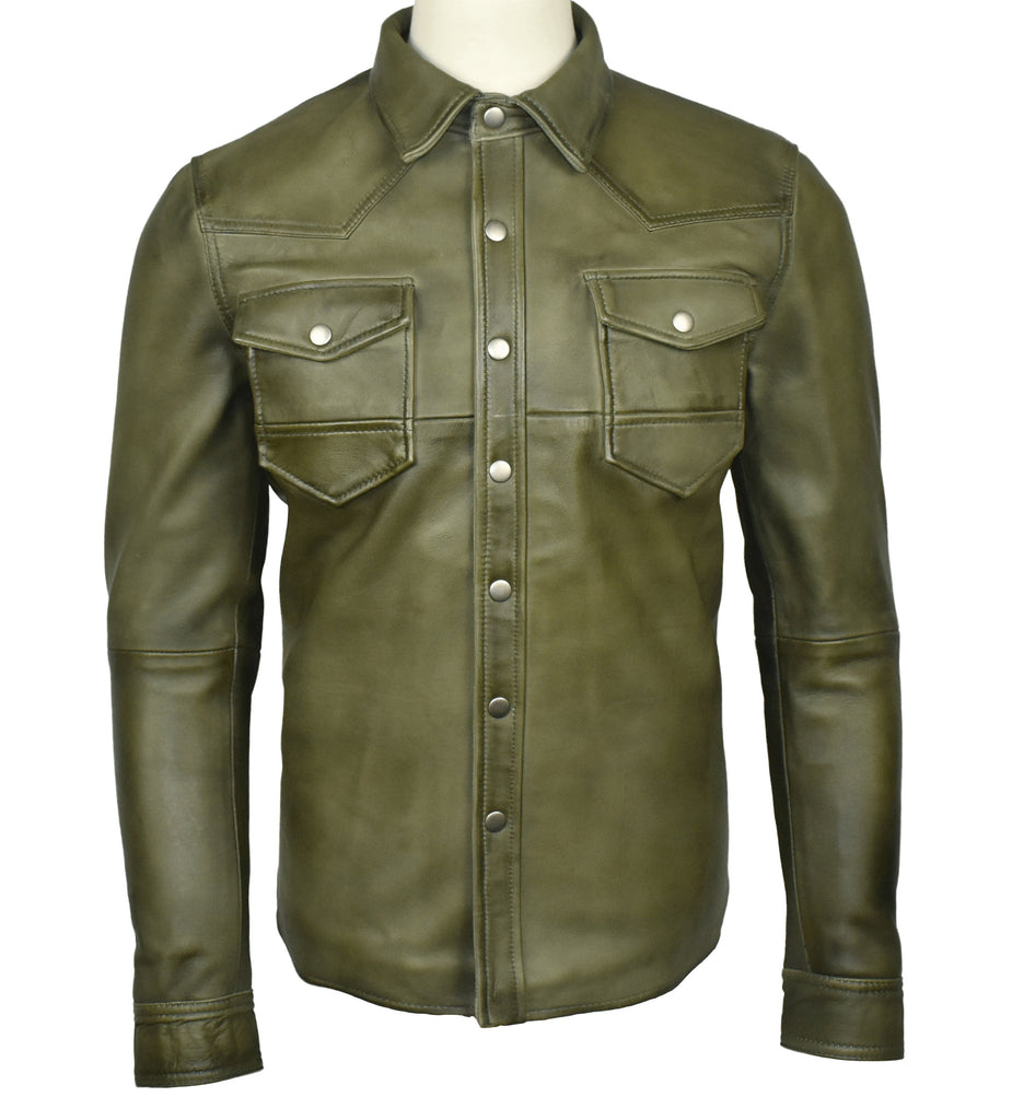 Men Chalk Olive Green lamb Skin Soft Leather Shirt Style - 643