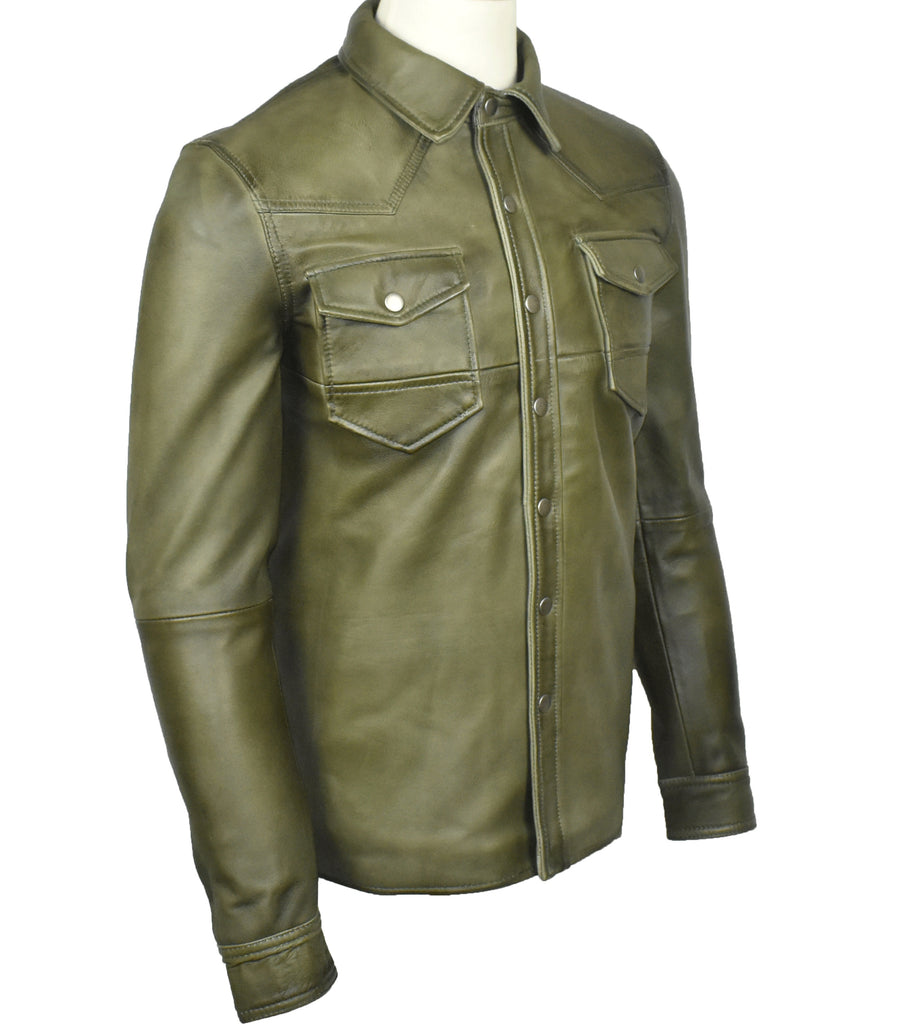 Men Chalk Olive Green lamb Skin Soft Leather Shirt Style - 643