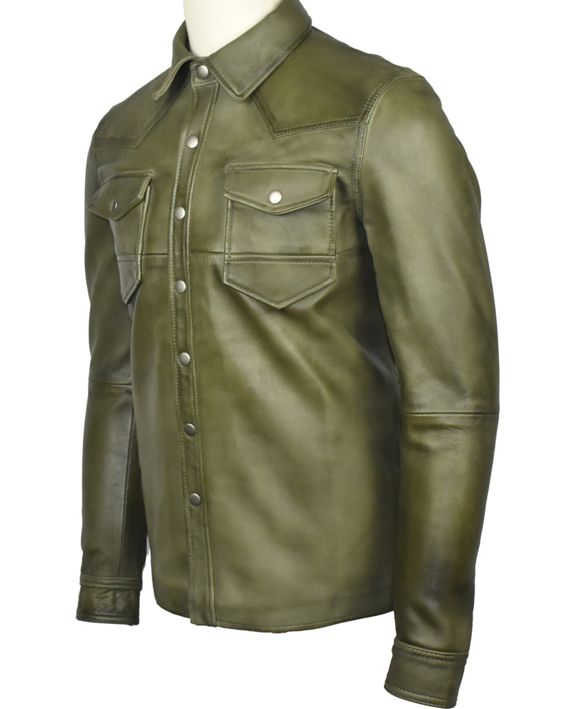 Men Chalk Olive Green lamb Skin Soft Leather Shirt Style - 643