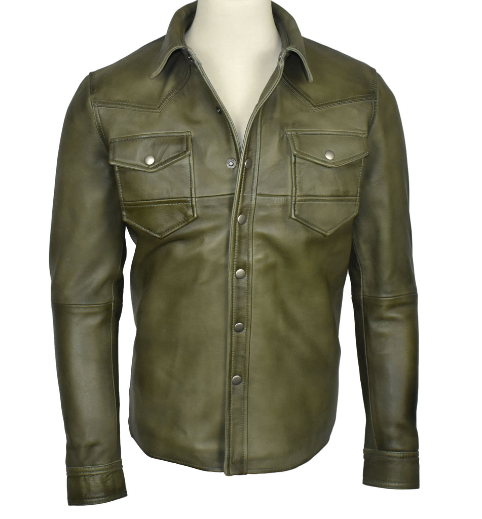 Men Chalk Olive Green lamb Skin Soft Leather Shirt Style - 643