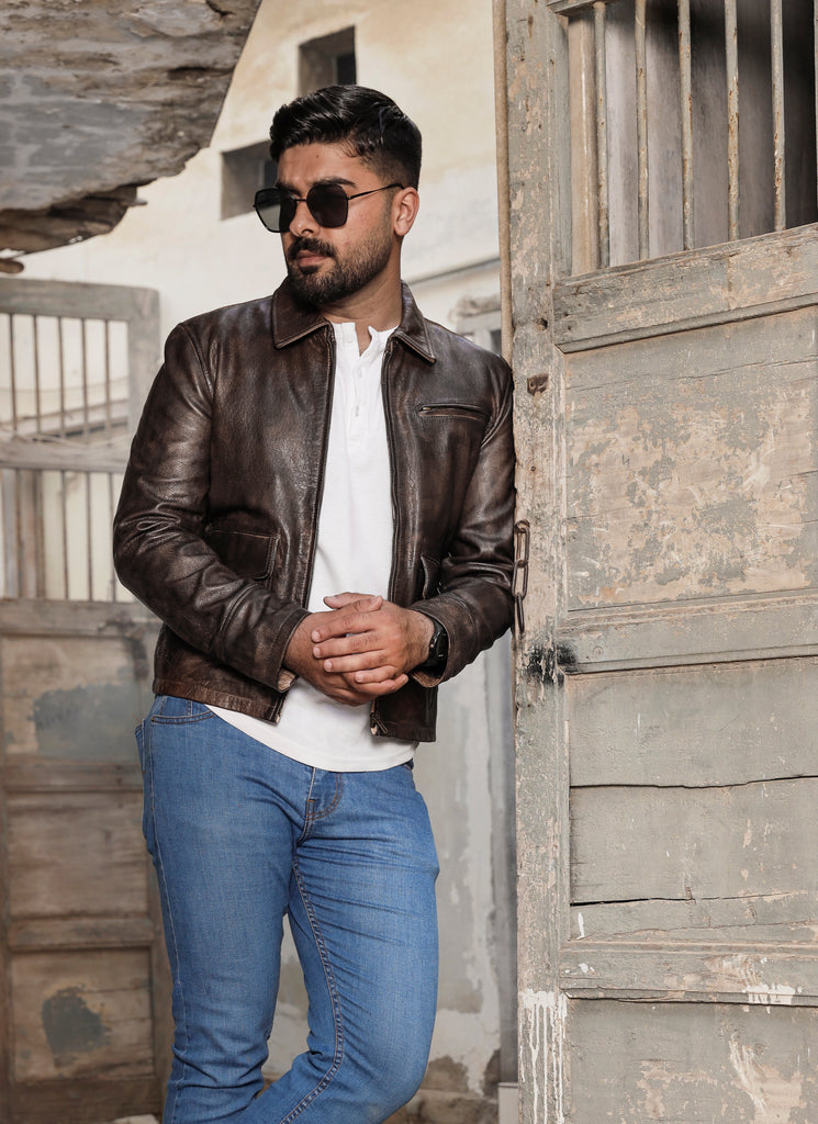 Men Collegan Waxed Brown Buffalo Real Leather Jacket Style - 905