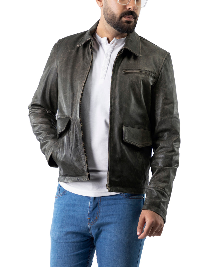 Men Collegan Black Cracker Real Leather Jacket Style - 905
