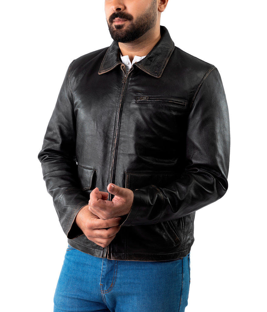 Men Collegan Distress Black Real Leather Jacket Style - 905