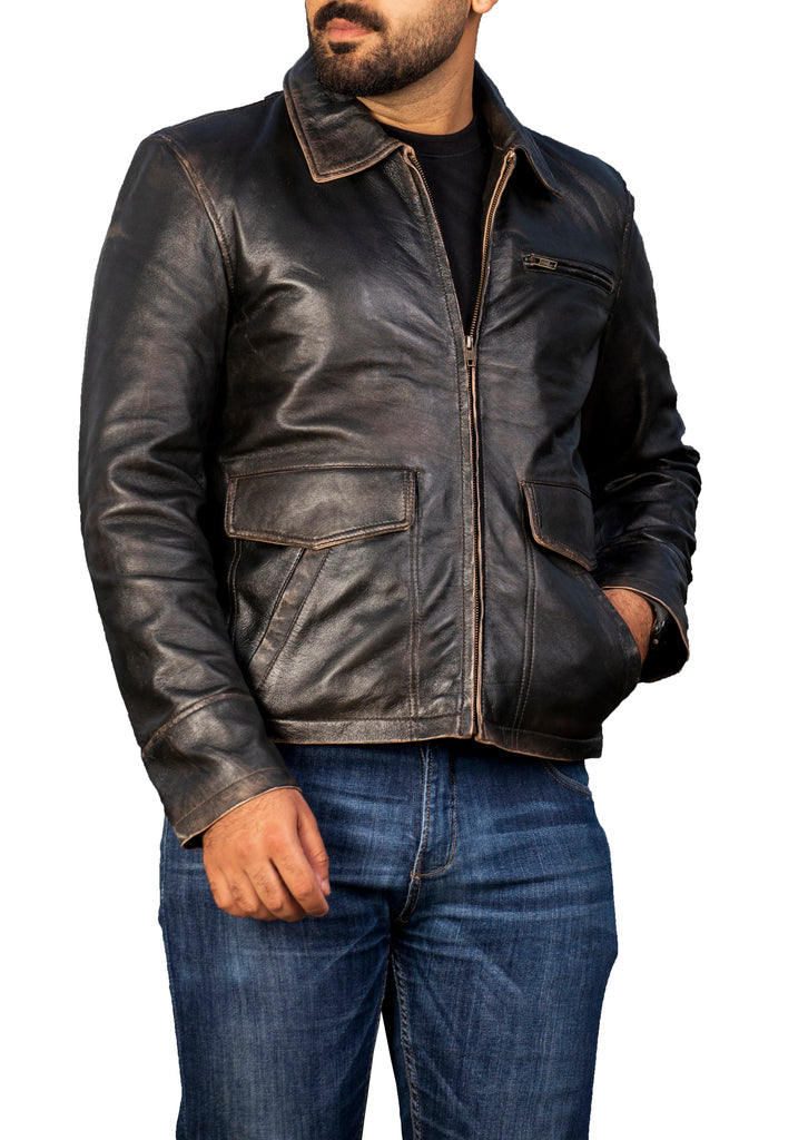 Men Collegan Distress Black Real Leather Jacket Style - 905