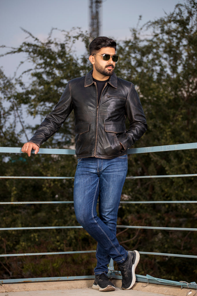 Men Collegan Distress Black Real Leather Jacket Style - 905