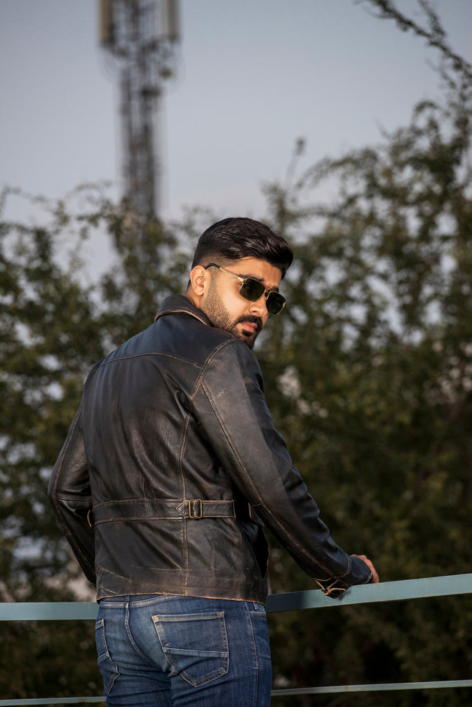 Men Collegan Distress Black Real Leather Jacket Style - 905