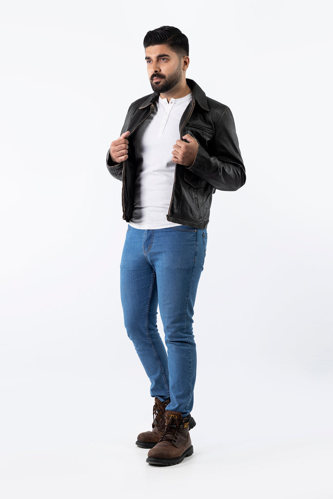 Men Collegan Distress Black Real Leather Jacket Style - 905
