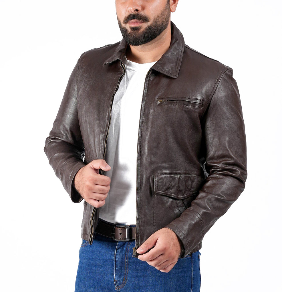Men Collegan Waxed Brown Real Leather Jacket Style - 905