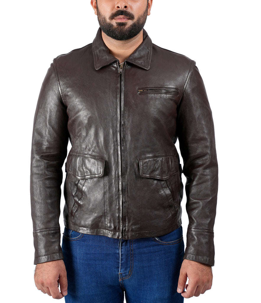 Men Collegan Waxed Brown Real Leather Jacket Style - 905