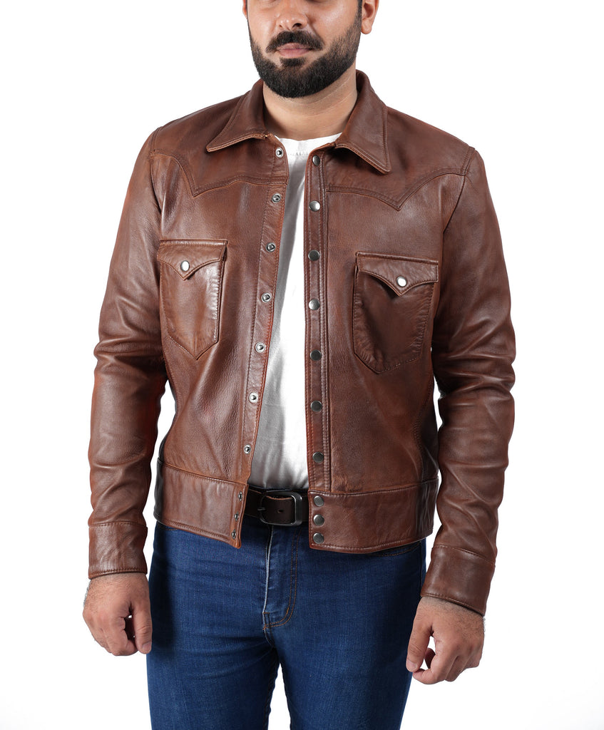 Men CDC Brown Shirt Style Waxed Leather Jacket Style - 959
