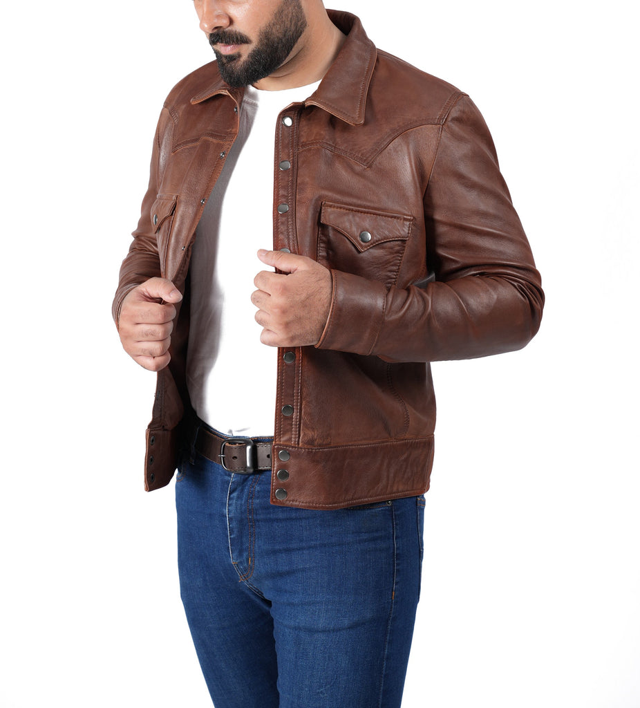 Men CDC Brown Shirt Style Waxed Leather Jacket Style - 959