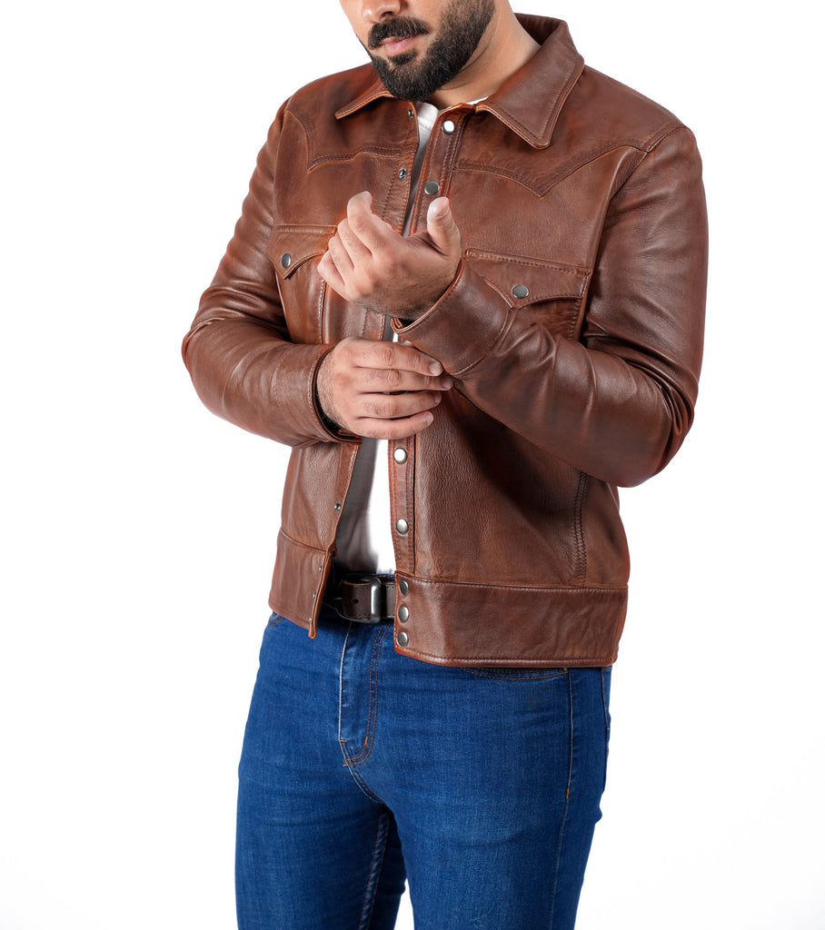 Men CDC Brown Shirt Style Waxed Leather Jacket Style - 959