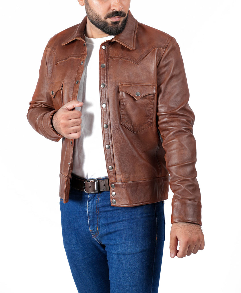 Men CDC Brown Shirt Style Waxed Leather Jacket Style - 959