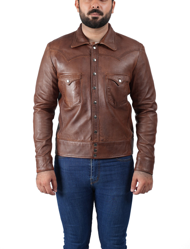 Men CDC Brown Shirt Style Waxed Leather Jacket Style - 959