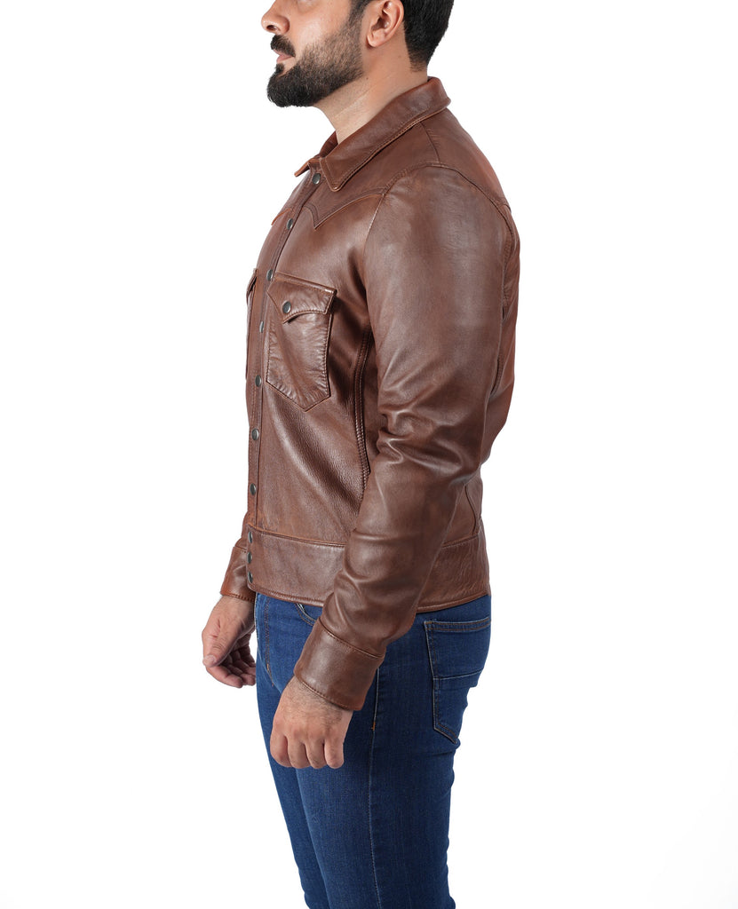 Men CDC Brown Shirt Style Waxed Leather Jacket Style - 959