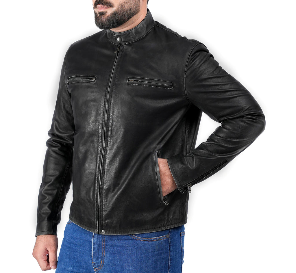 Men FNR Distress Black Biker Real Leather Jacket Style - 705
