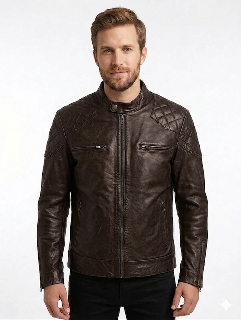 Men British Model Cafe Racer Biker Leather Jacket Style - 744