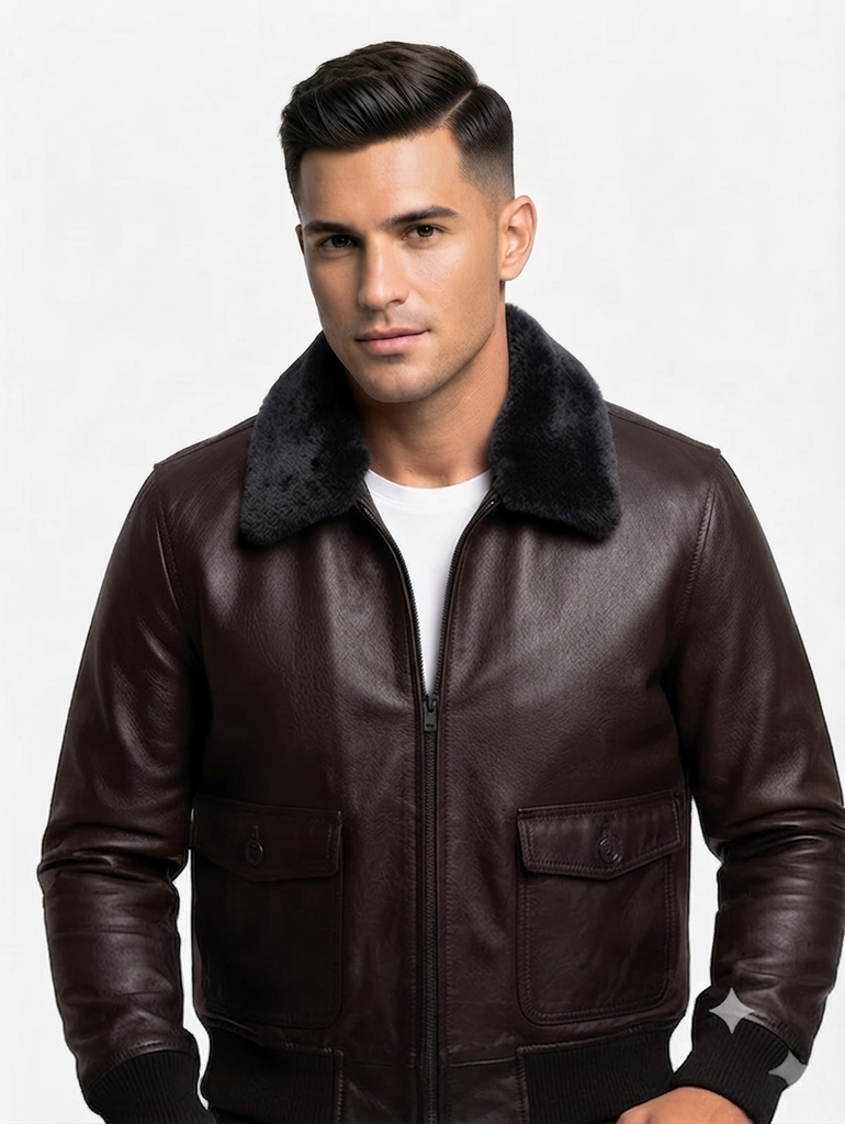Men G-1 Navy Bomber Real Leather Jacket with Removable Fur Style 576-B