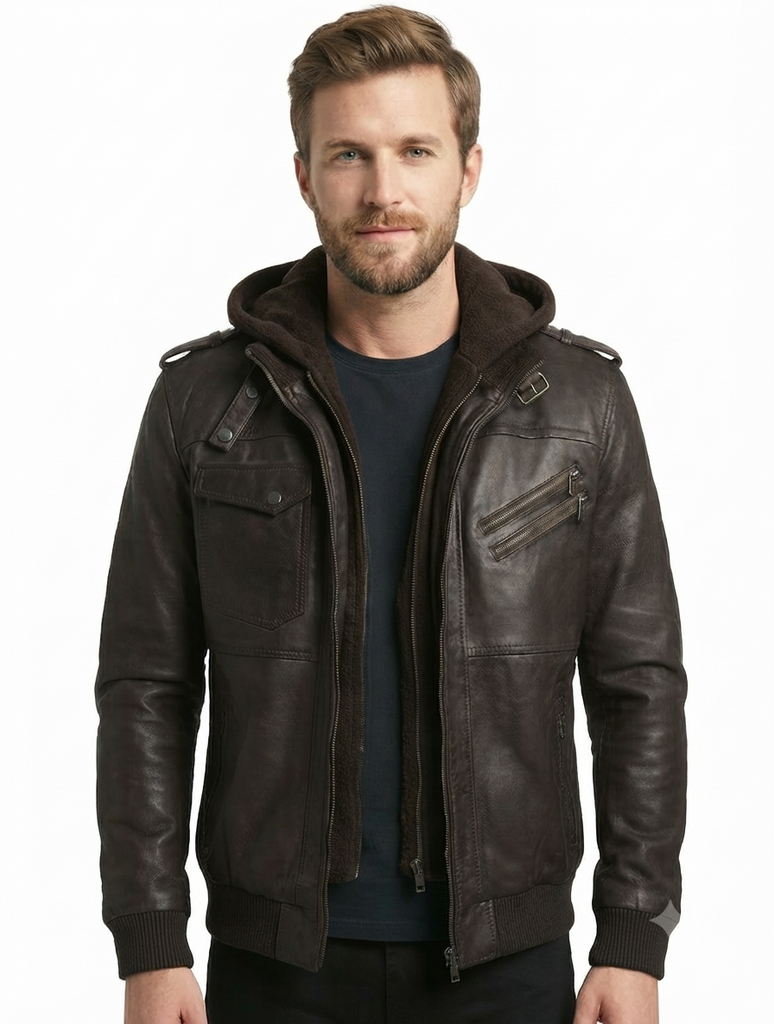 Men Biker FLV Hooded Bomber Lambskin Leather Jacket Style - 634