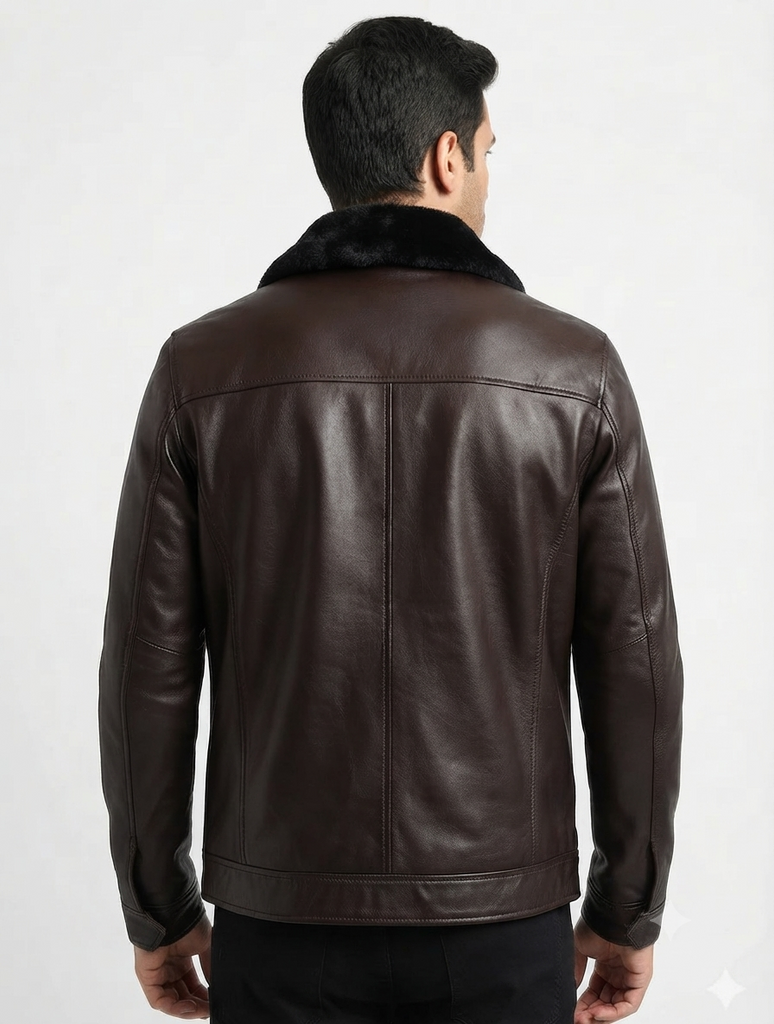 Men Elegant Lambskin Biker Leather Jacket Removable Fur Collar Style - 614