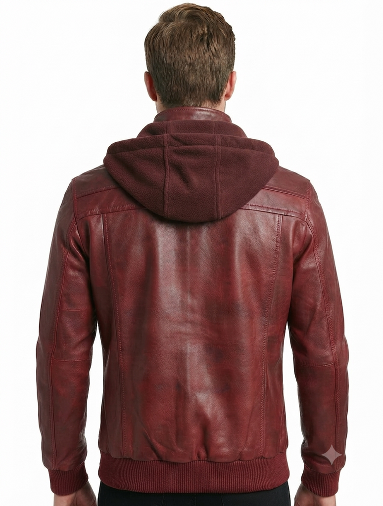Men Biker FLV Hooded Bomber Lambskin Leather Jacket Style - 634