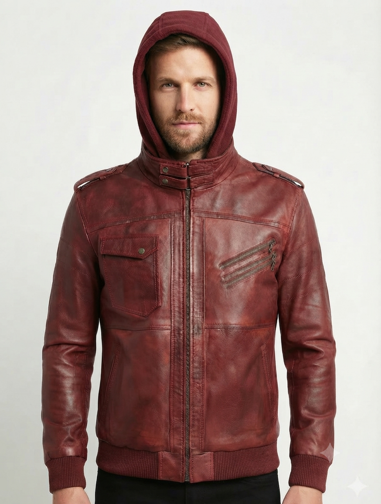 Men Biker FLV Hooded Bomber Lambskin Leather Jacket Style - 634