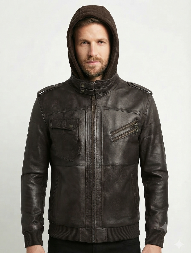 Men Biker FLV Hooded Bomber Lambskin Leather Jacket Style - 634