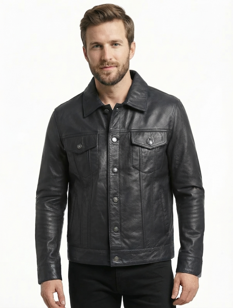 Men Trucker Real Lambskin Leather Jacket Style - 785
