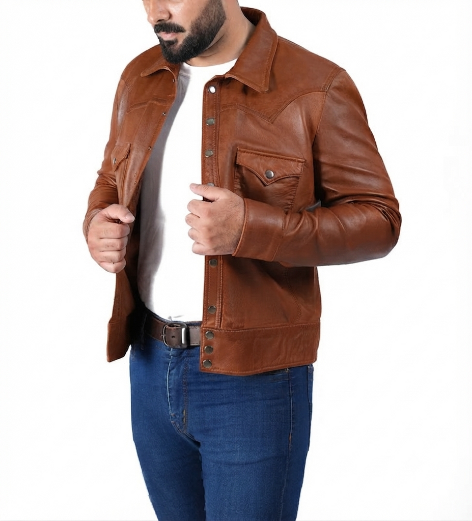 Men CDC Brown Shirt Style Waxed Leather Jacket Style - 959
