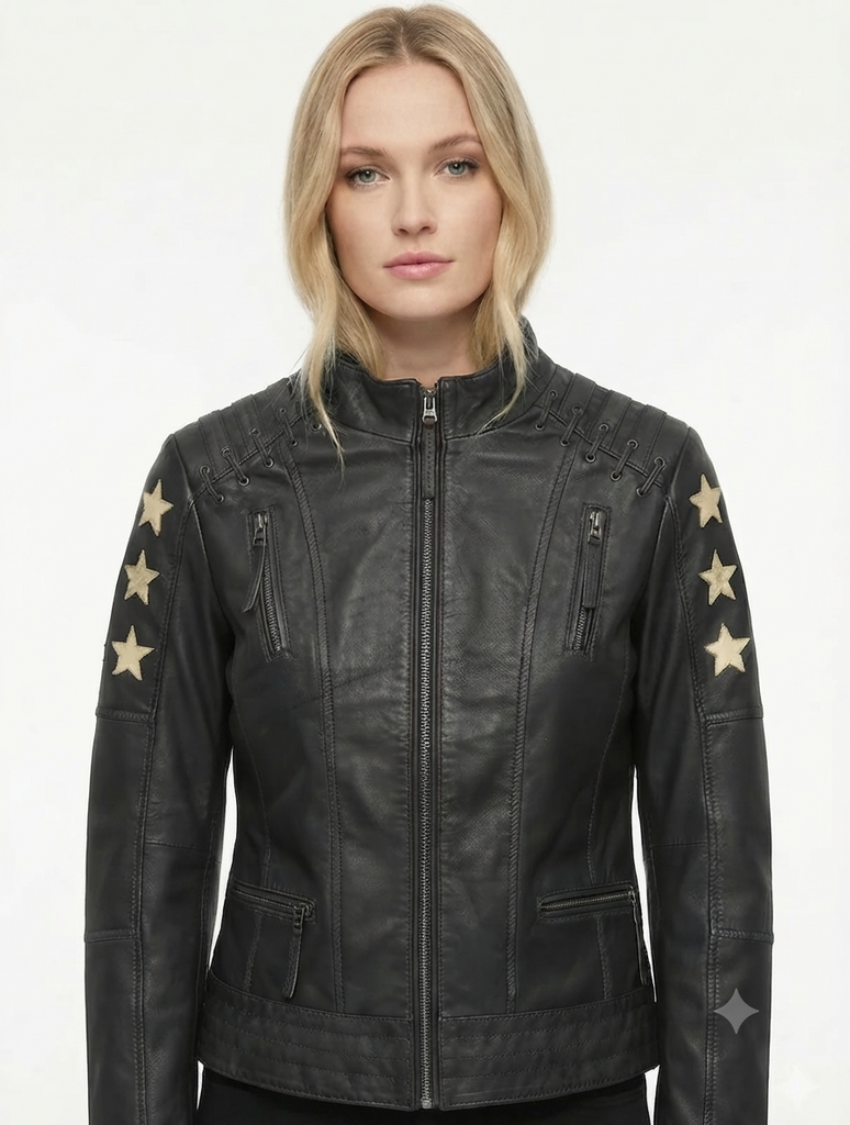 Women RVS Real Leather Biker Jacket Distress Soft Lambskin Style - 446