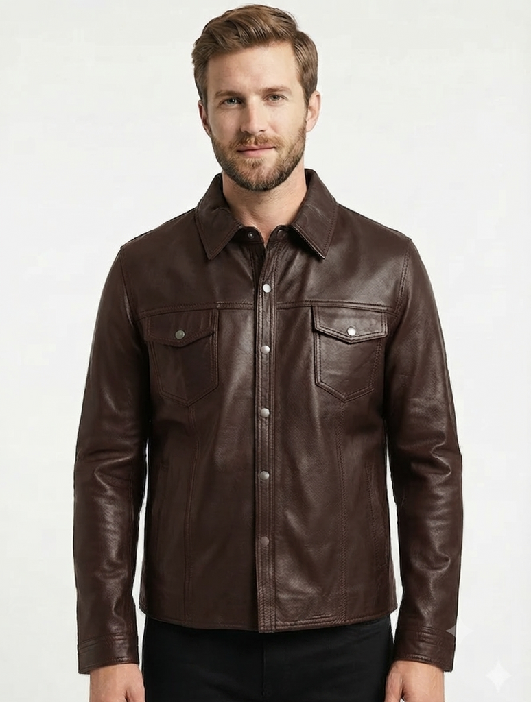 Men TF Real Leather Shirt Style Leather Jacket - 1154 black