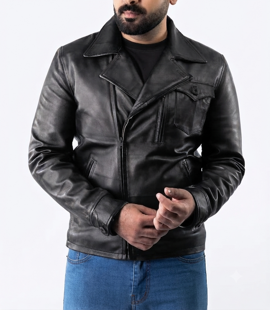 Men Polo Real Leather Biker Jacket Style - 944