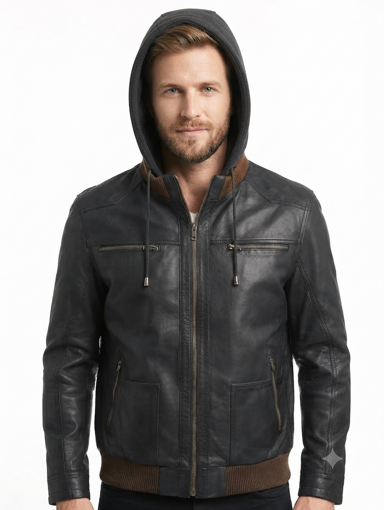 Men FVL Hooded Bomber Lambskin Leather Jacket Style - 1091
