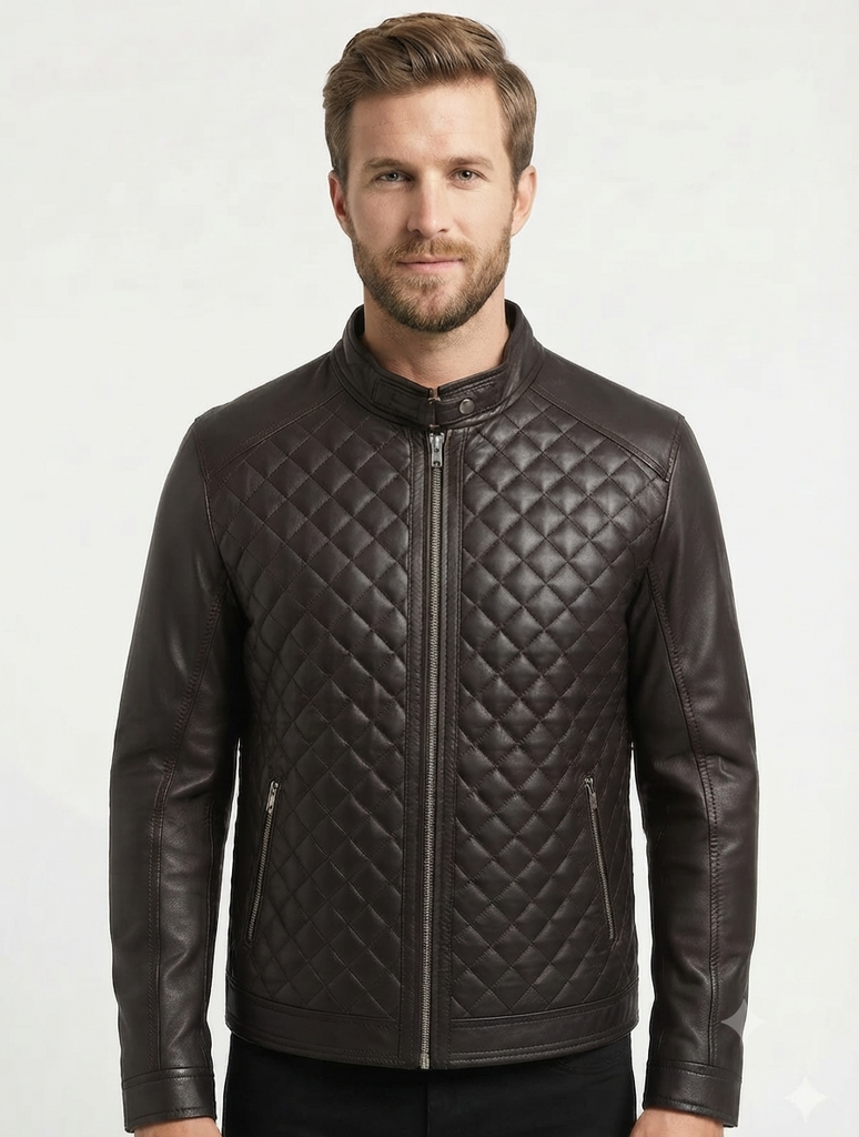 Men GW2 Biker Cafe Racer Dimond Quilted Leather Jacket Style - 786