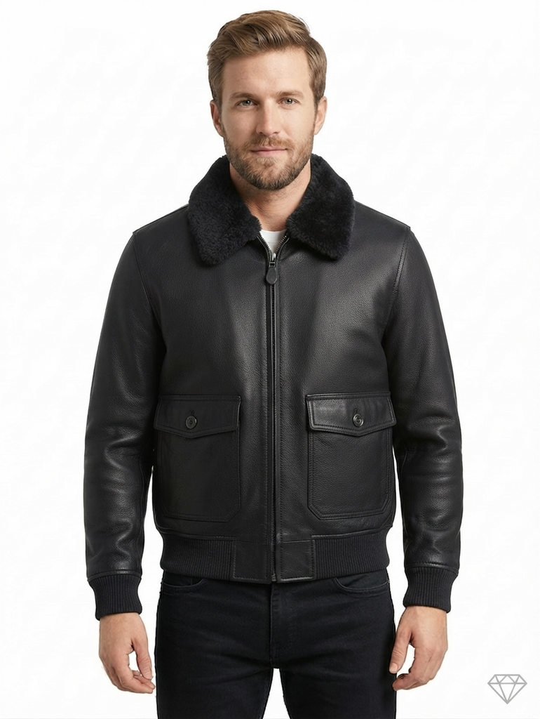 Men G-1 Navy Bomber Real Leather Jacket with Removable Fur Style 576-B