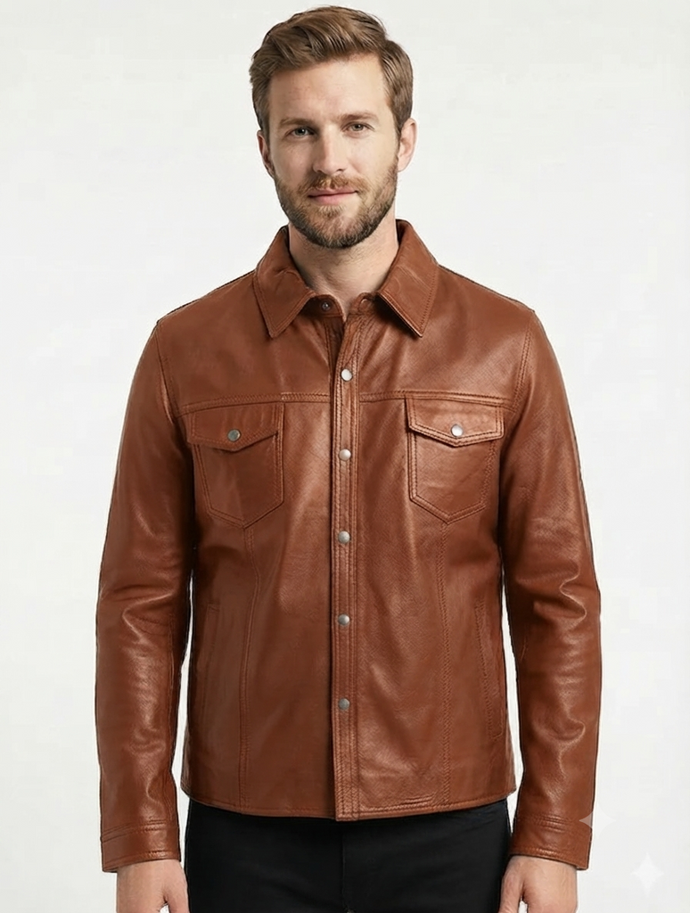 Men TF Real Leather Shirt Style Leather Jacket - 1154 black