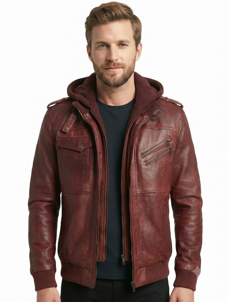 Men Biker FLV Hooded Bomber Lambskin Leather Jacket Style - 634