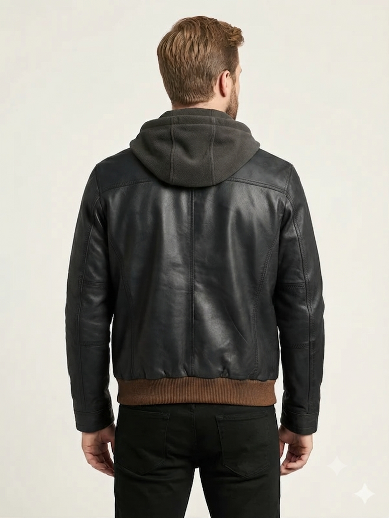Men FVL Hooded Bomber Lambskin Leather Jacket Style - 1091