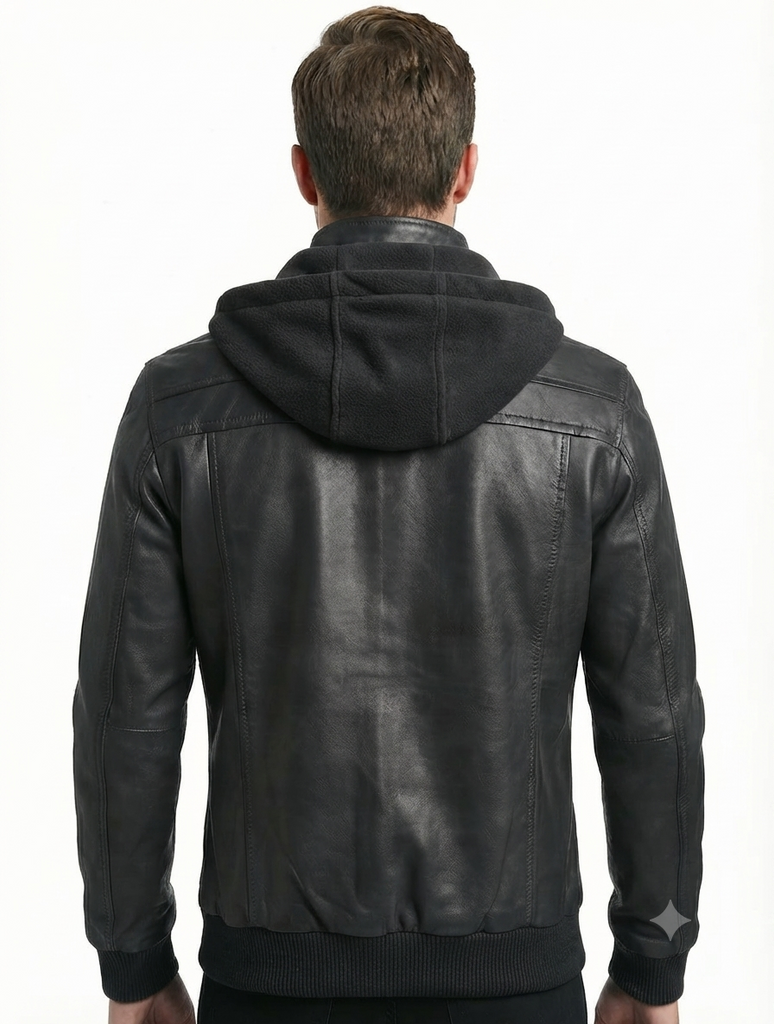 Men Biker FLV Hooded Bomber Lambskin Leather Jacket Style - 634