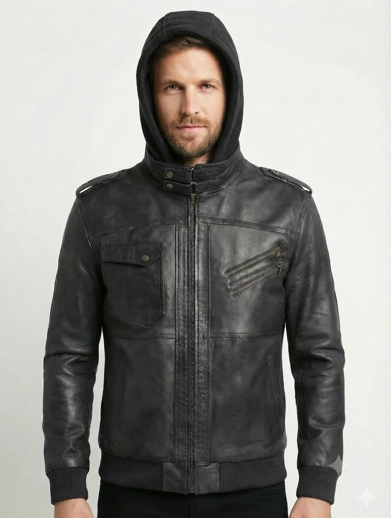 Men Biker FLV Hooded Bomber Lambskin Leather Jacket Style - 634